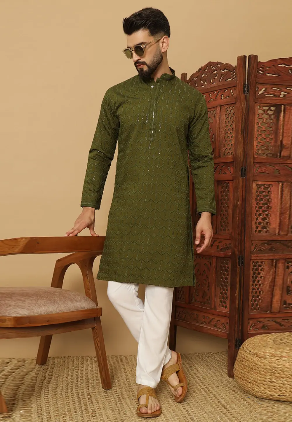 Mehndi Cotton Kurta Pajama 297683