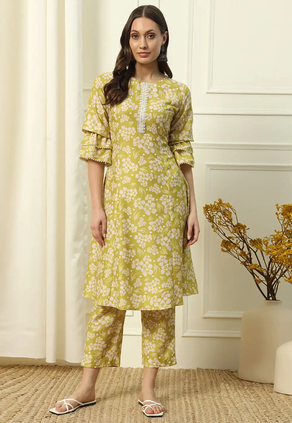 Mehndi Cotton Kurta Set With Pent 291852