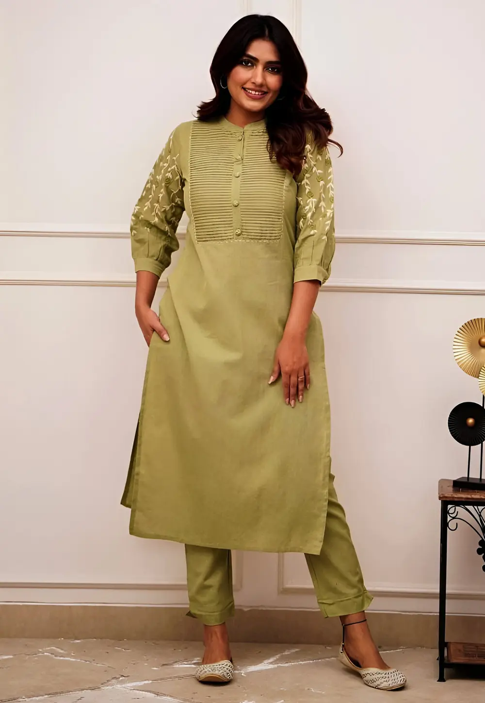 Mehndi Cotton Kurta Set With Pent 304356