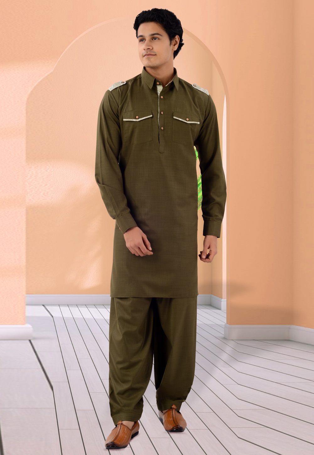 Mehndi Cotton Pathani Suit 282931