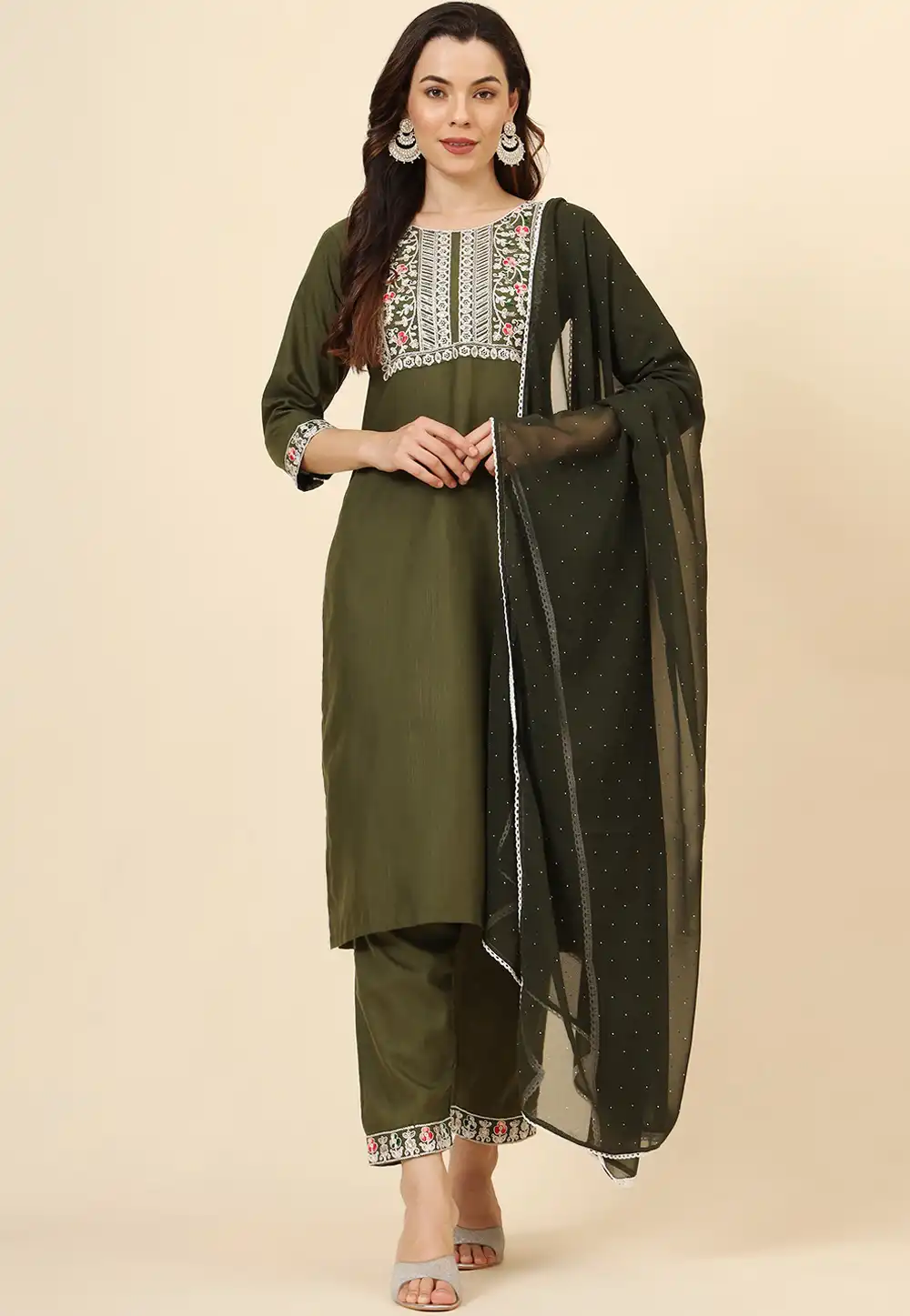 Mehndi Cotton Readymade Pant Style Suit 293451