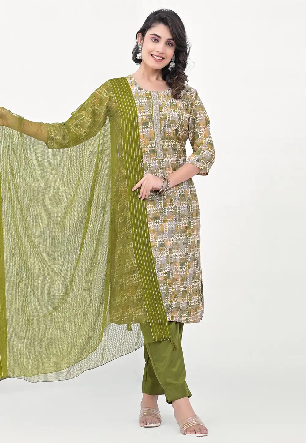 Mehndi Cotton Readymade Pant Style Suit 290384