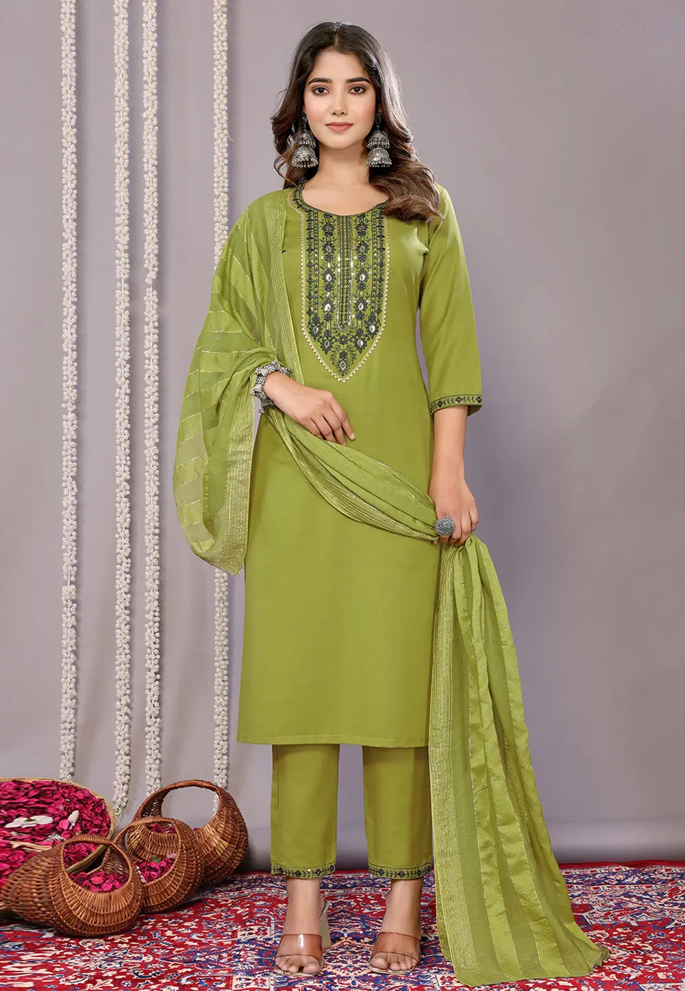 Mehndi Cotton Readymade Pant Style Suit 303221