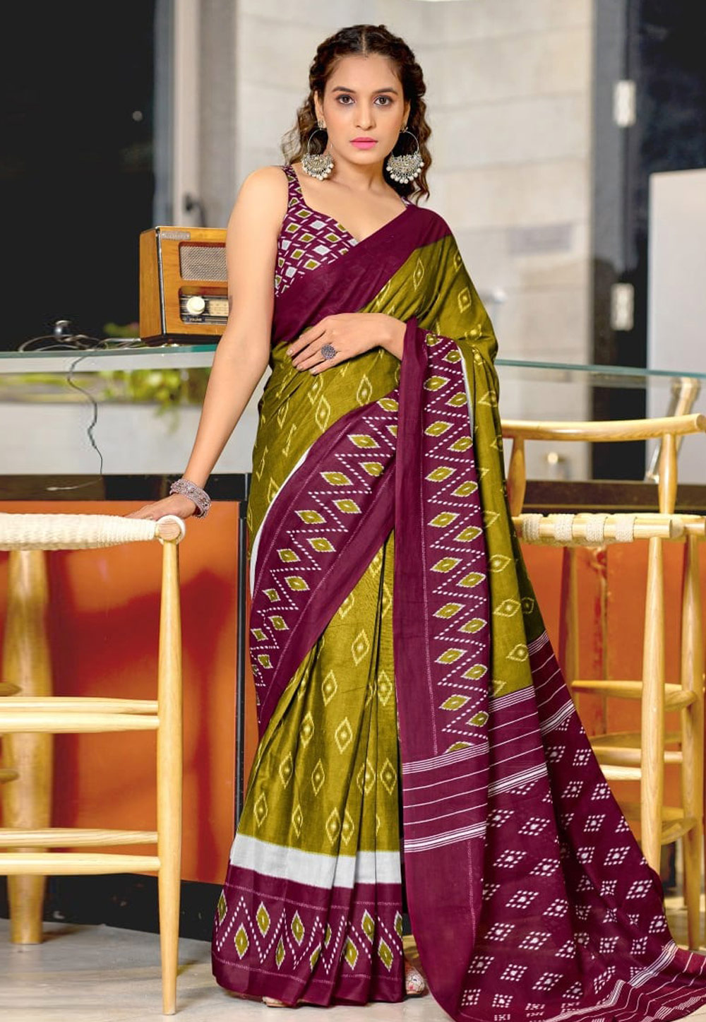 Mehndi Cotton Saree With Blouse 311131