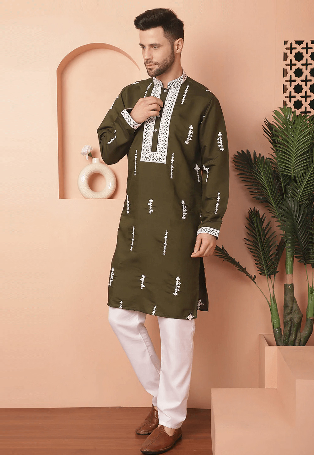 Mehndi Cotton Silk Kurta Pajama 287729