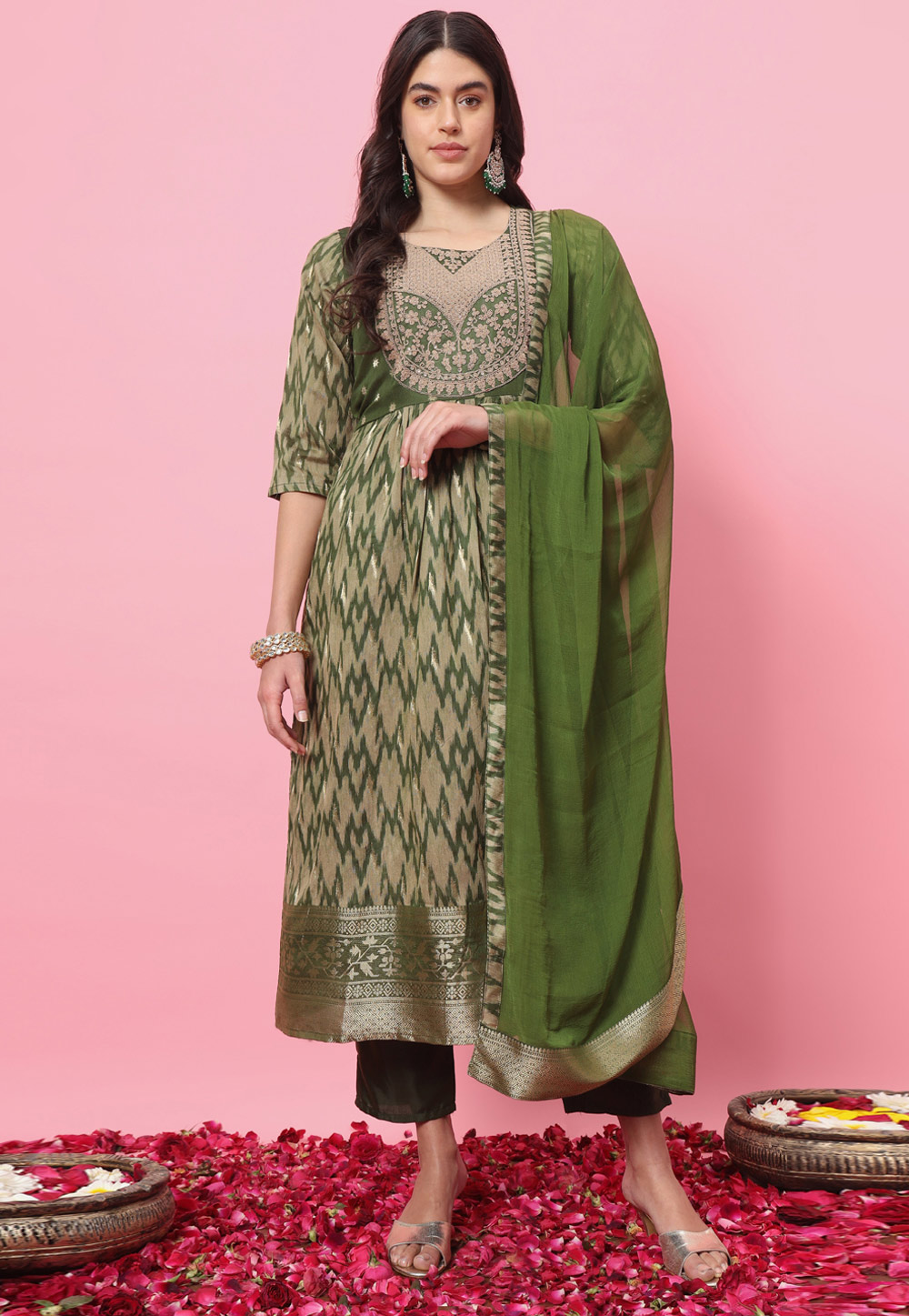Mehndi Cotton Silk Readymade Pakistani Suit 310037