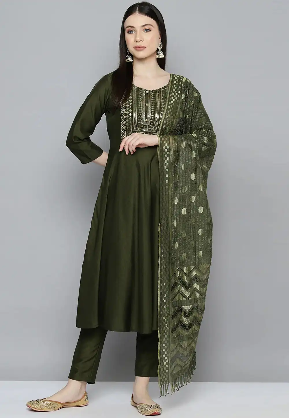 Mehndi Cotton Silk Readymade Pant Style Suit 288482