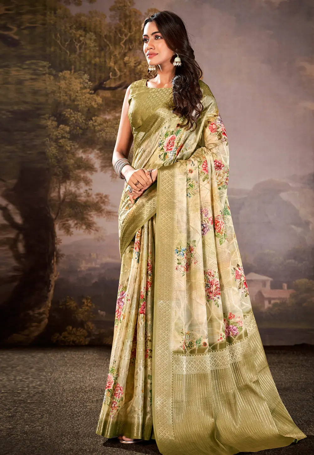 Mehndi Cotton Silk Saree With Blouse 297266