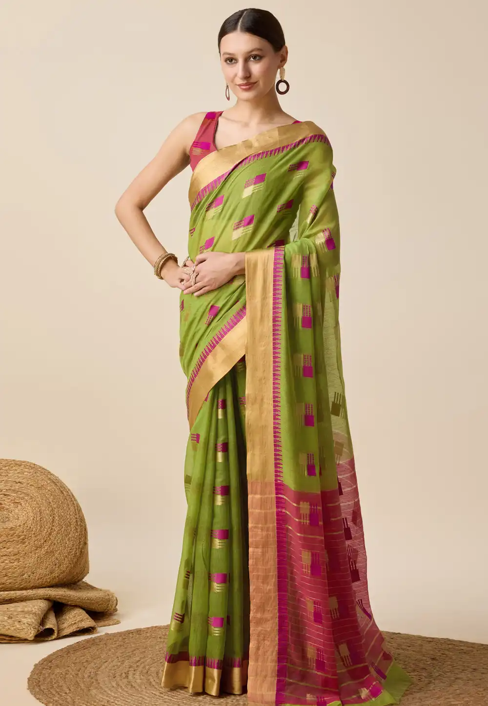 Mehndi Cotton Silk Saree With Blouse 289977