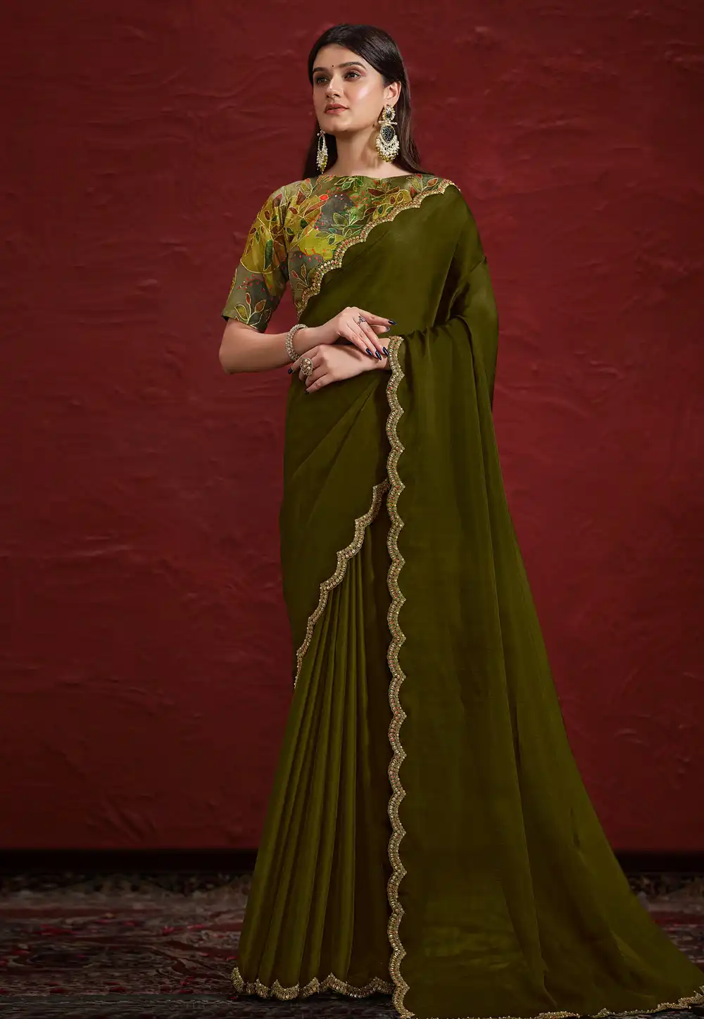 Mehndi Crepe Georgette Saree With Blouse 294192