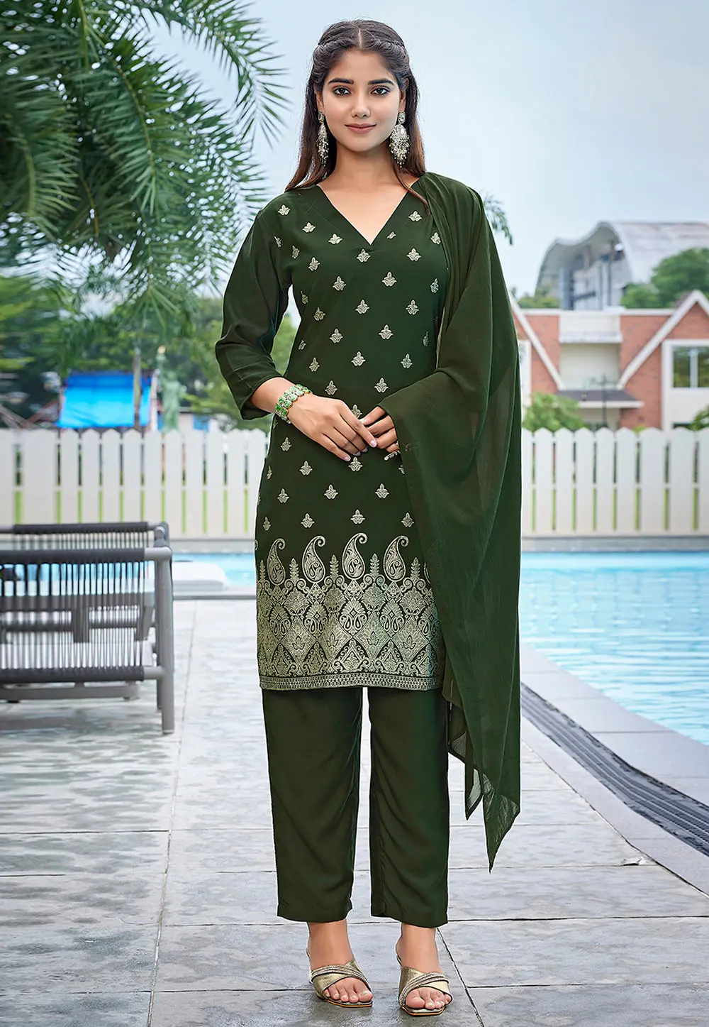 Mehndi Crepe Readymade Pant Style Suit 303216