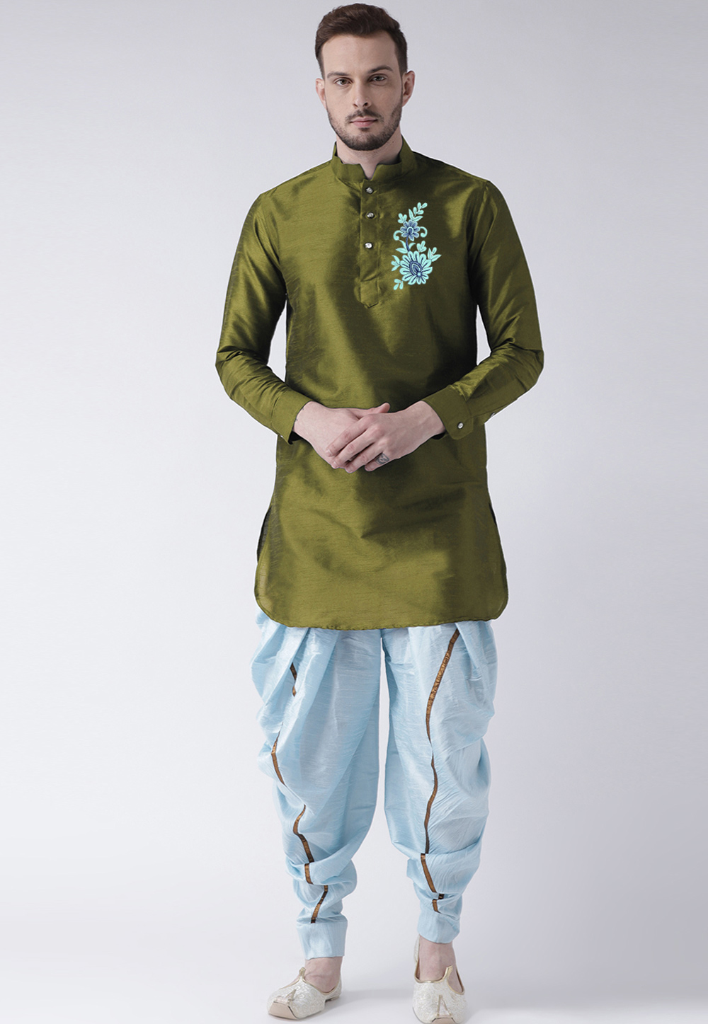 Mehndi Dupion Silk Dhoti Kurta 304880