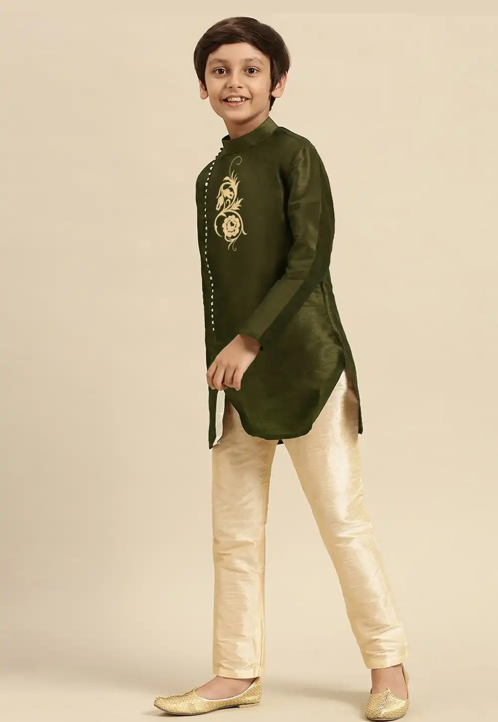 Mehndi Dupion Silk Kids Kurta Pajama 289214