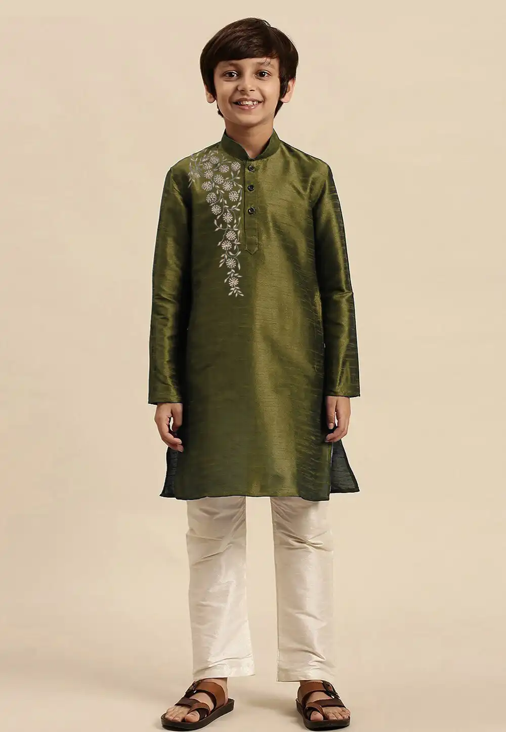 Mehndi Dupion Silk Kids Kurta Pajama 289236