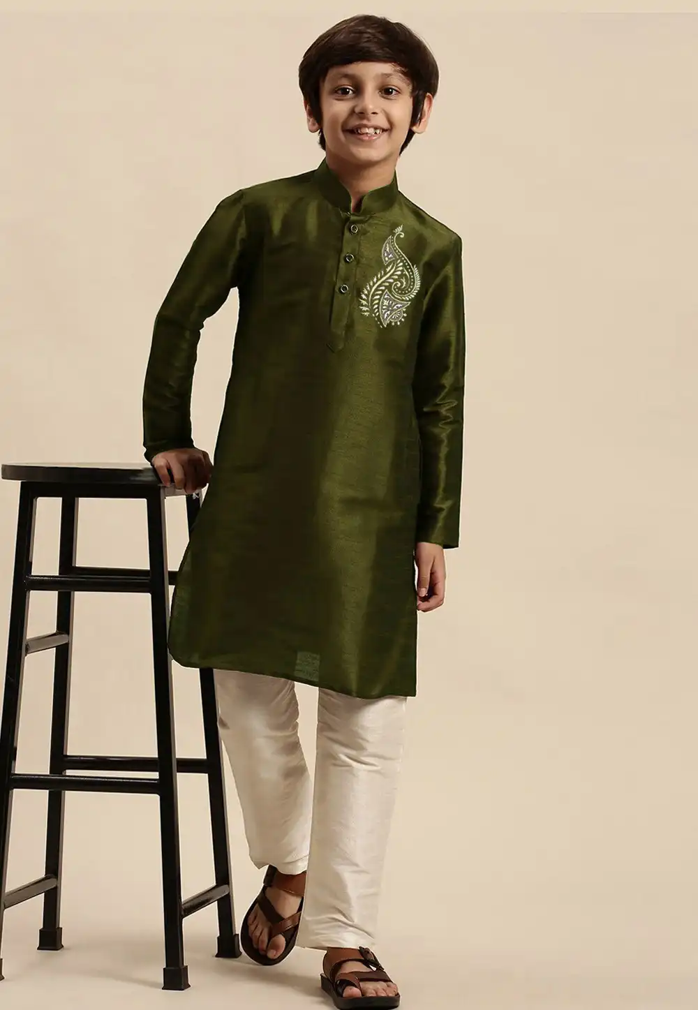 Mehndi Dupion Silk Kids Kurta Pajama 289243