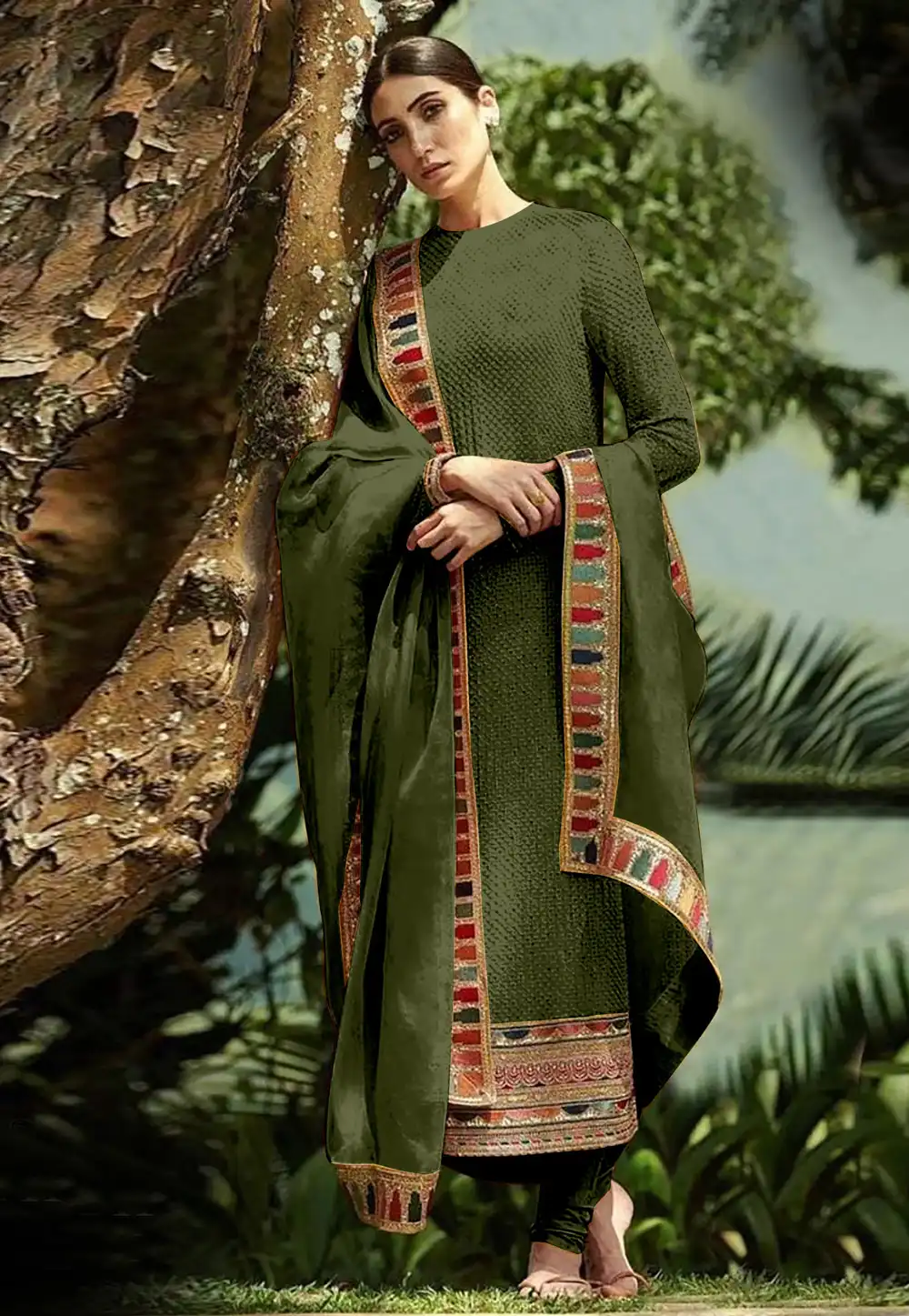 Mehndi Faux Georgette Churidar Salwar Suit 292141