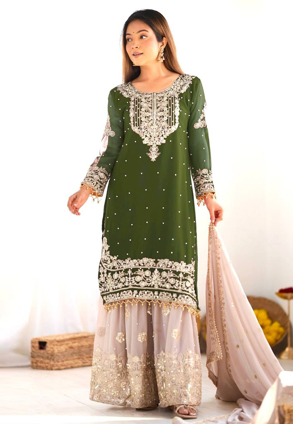 Mehndi Faux Georgette Readymade Gharara Suit 310379