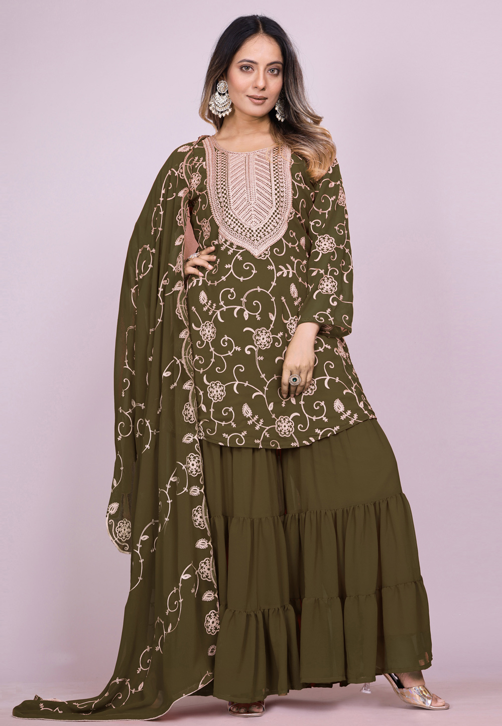 Mehndi Faux Georgette Readymade Gharara Suit 310897