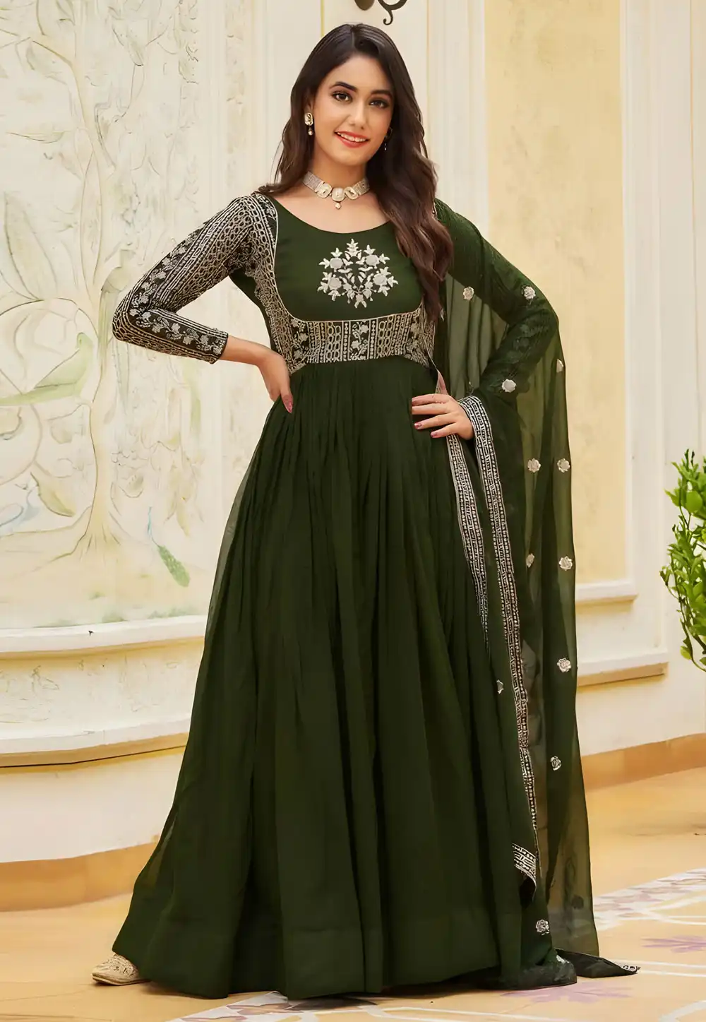 Mehndi Faux Georgette Readymade Long Anarkali Suit 294463