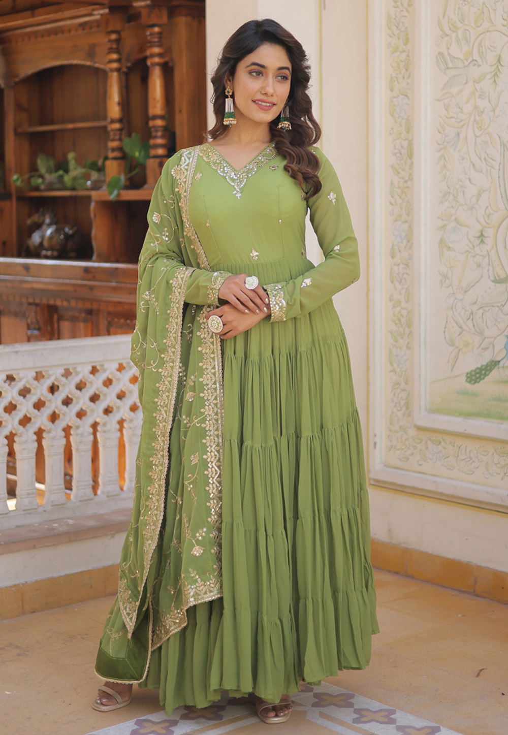 Green Color Chanderi Cotton Salwar Kameez Ladies Suit Dress Material  -Simayaa110