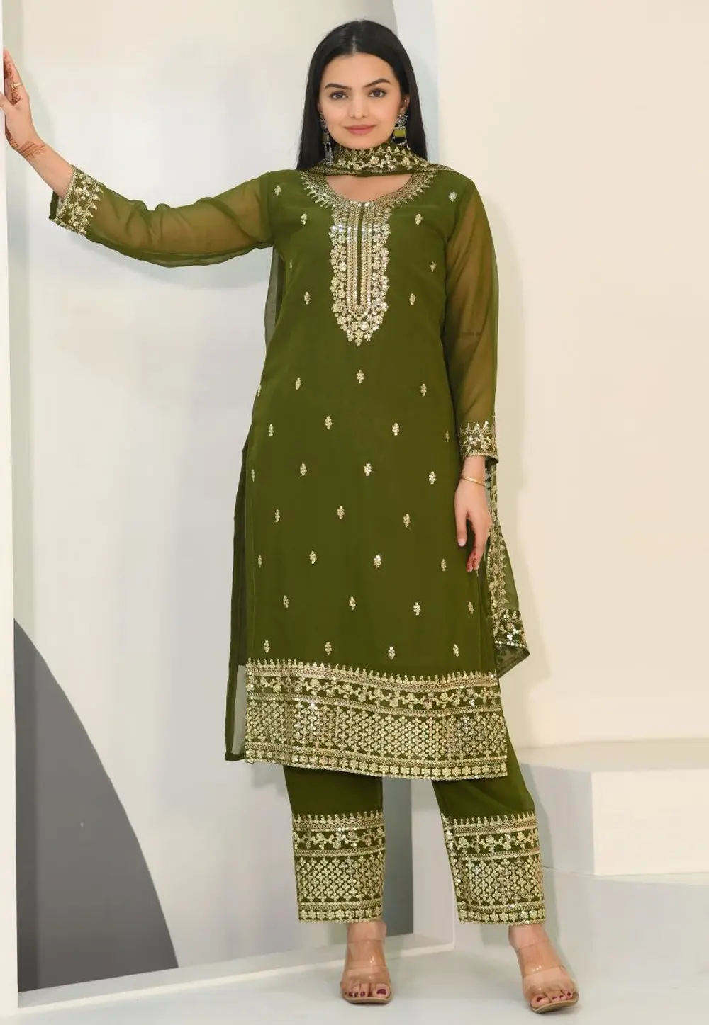 Mehndi Faux Georgette Readymade Pakistani Suit 301671