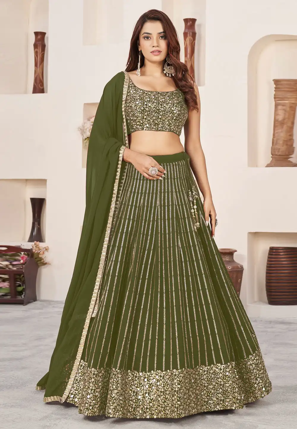 Mehndi Georgette A Line Lehenga Choli 294286