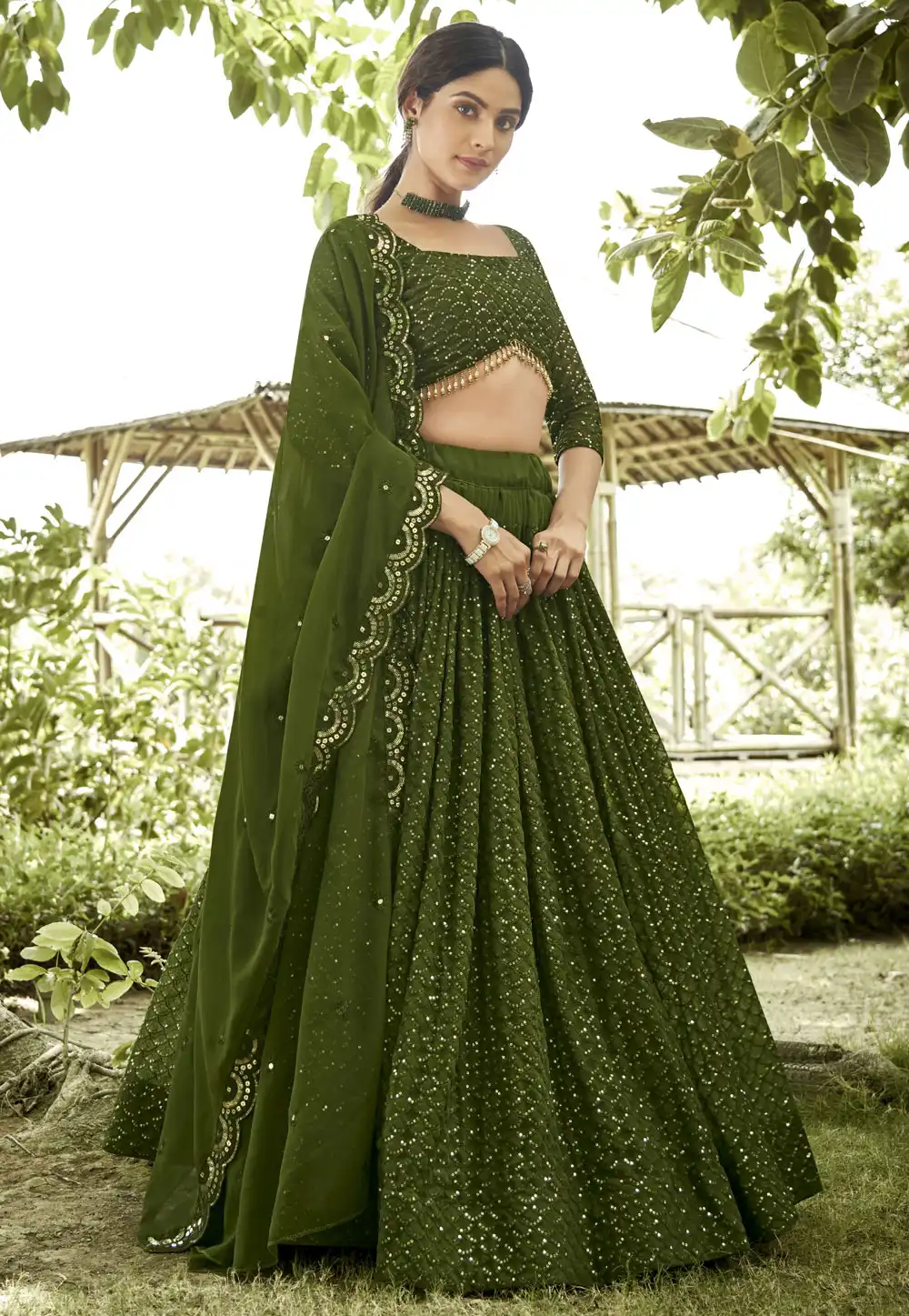 Mehndi Georgette Circular Lehenga Choli 293971