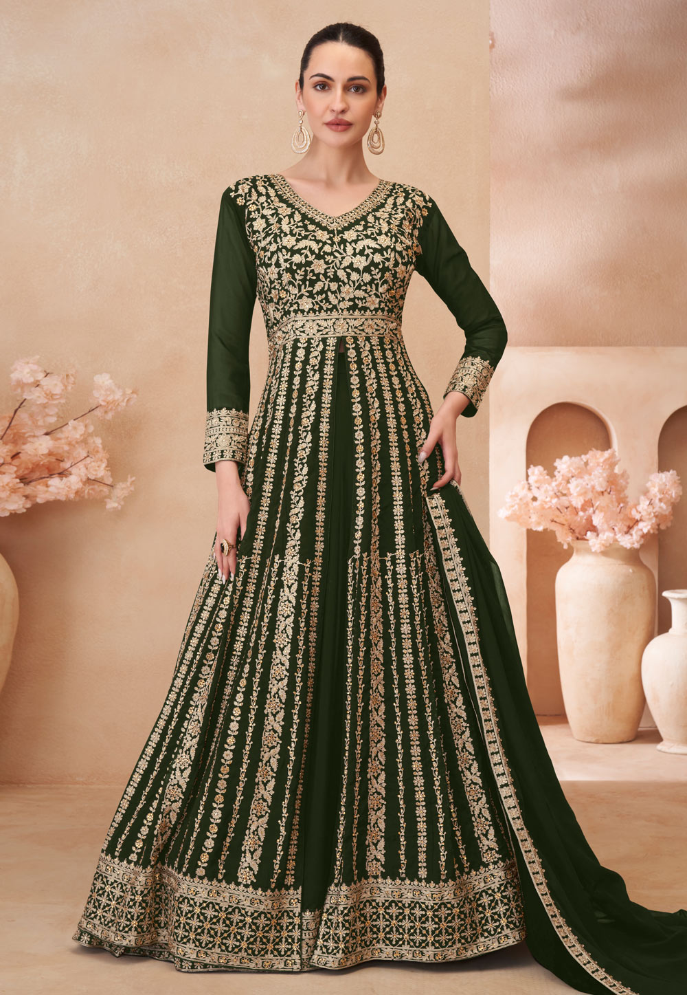 Mehndi Georgette Embroidered Center Slit Anarkali Suit 305316