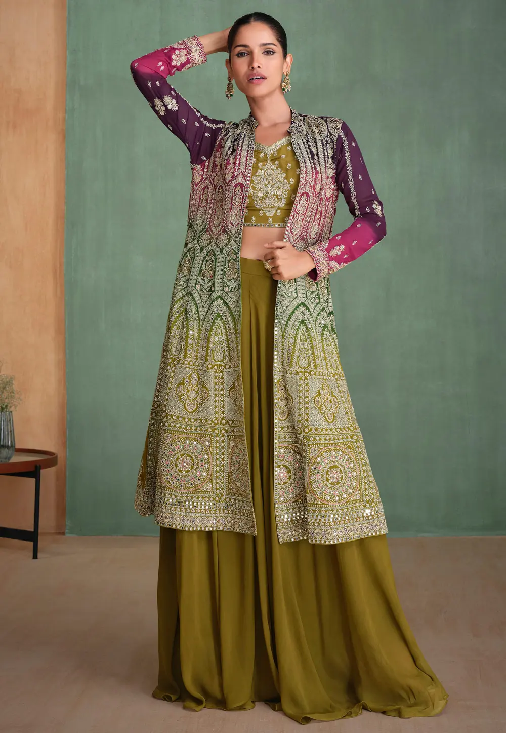 Mehndi Georgette Palazzo With Crop Top 298423