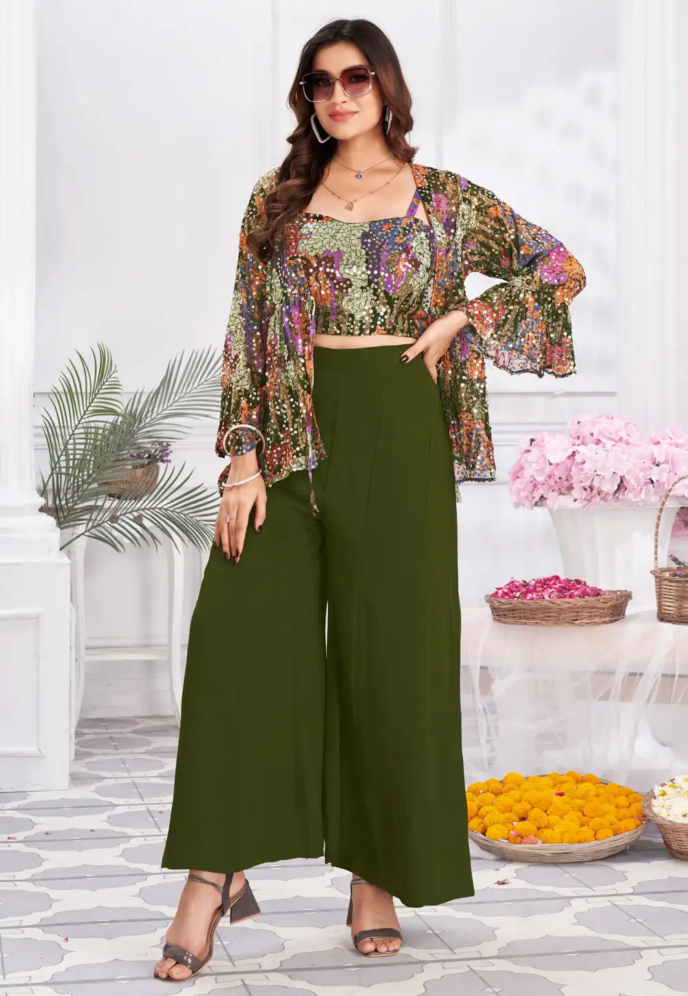 Mehndi Georgette Palazzo With Crop Top 288272