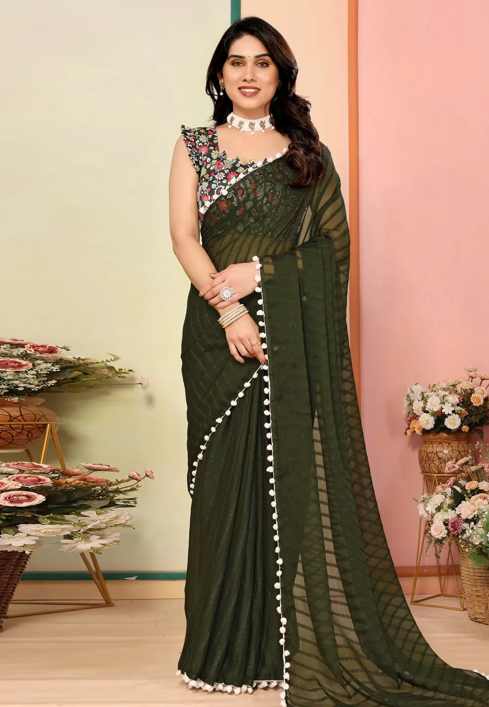 Mehndi Georgette Saree With Blouse 297112