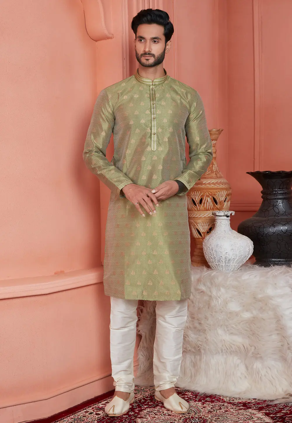 Mehndi Jacquard Banarasi Kurta Pajama 304305