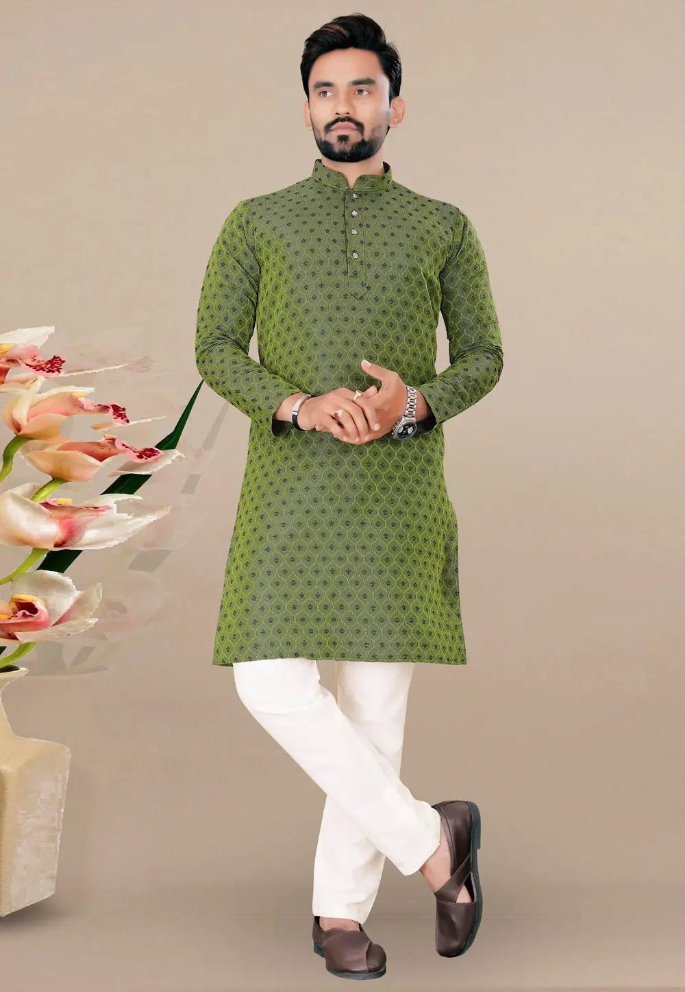 Mehndi Jacquard Kurta Pajama 293407