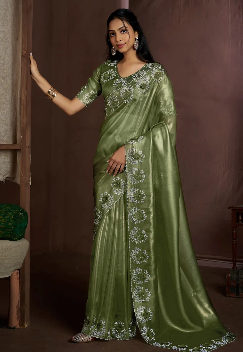 Mehndi Jute Silk Saree With Blouse 300824