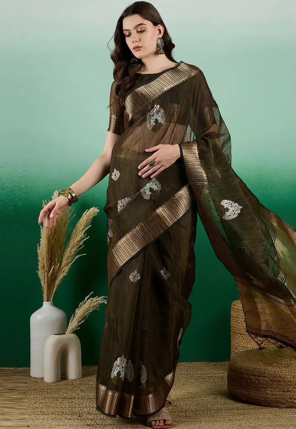 Mehndi Khadi Saree With Blouse 290244