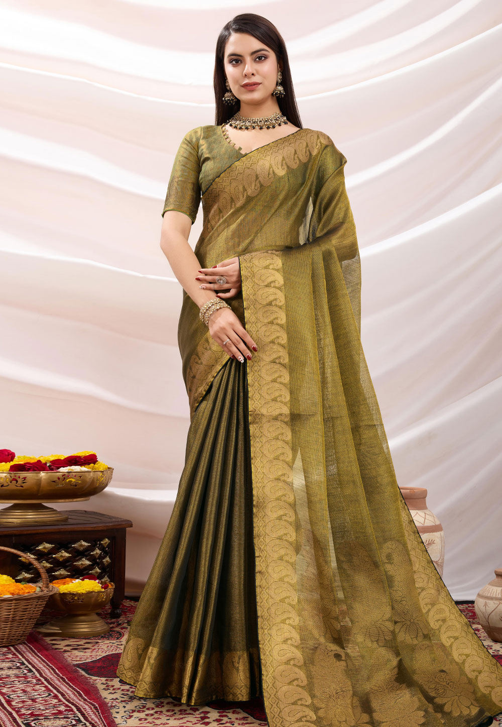 Mehndi Linen Saree With Blouse 305629