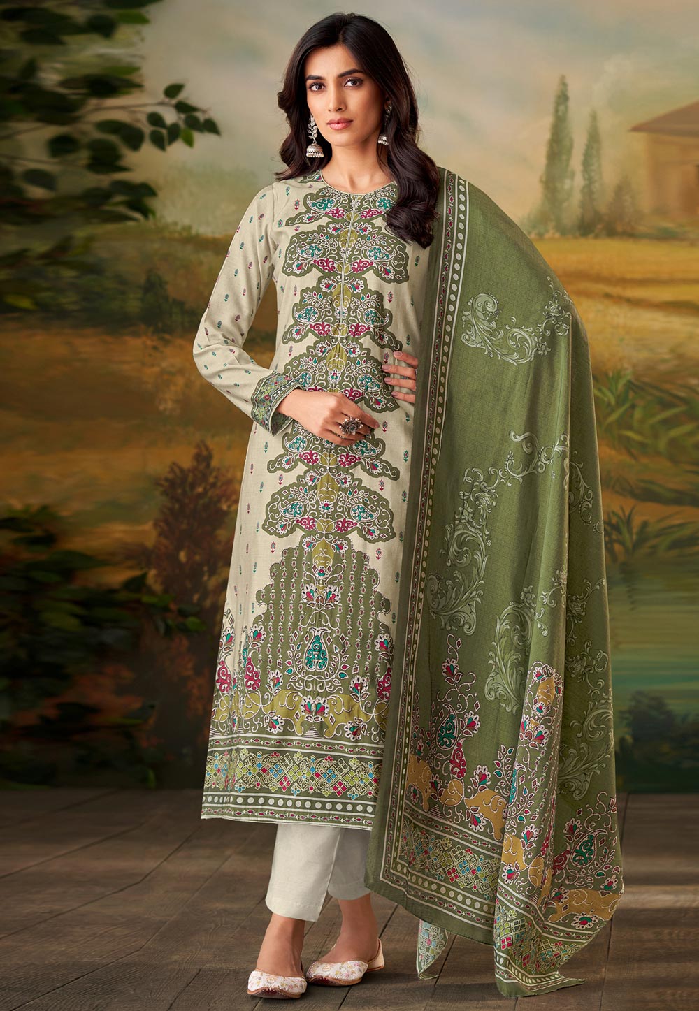 Mehndi Muslin Pant Style Suit 310163
