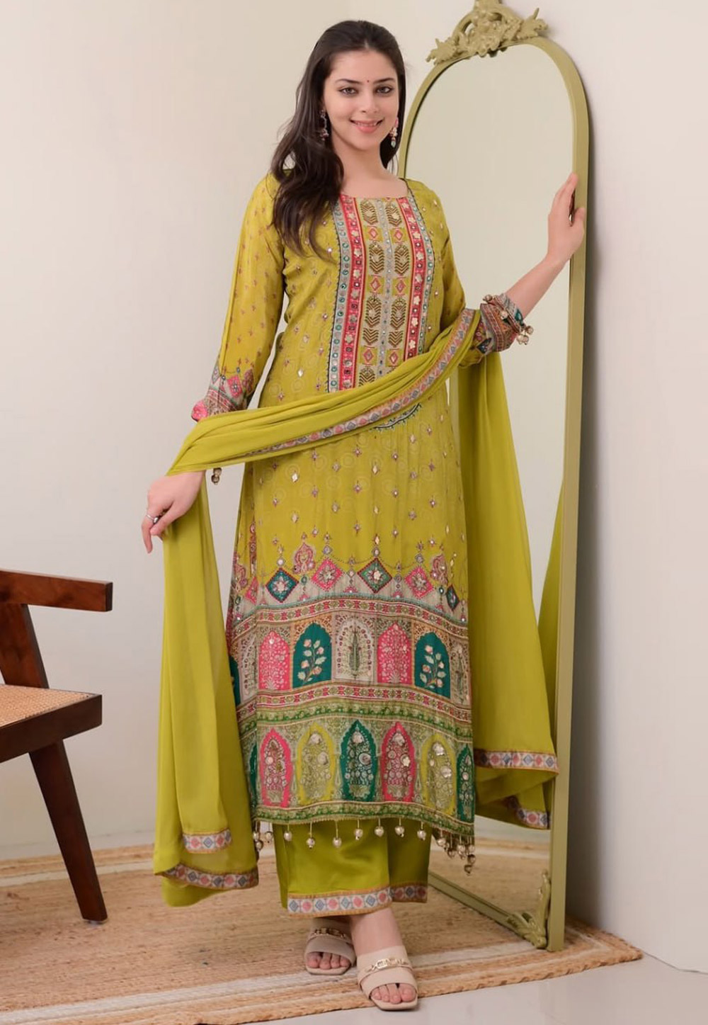 Mehndi Muslin Readymade Palazzo Suit 310377