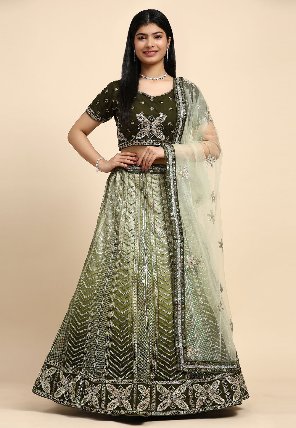 Mehndi Net Readymade A Line Lehenga Choli 287070