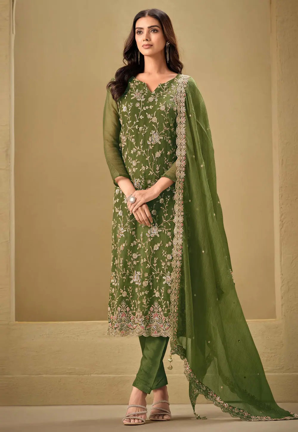 Mehndi Organza Embroidered Pant Style Suit 297788