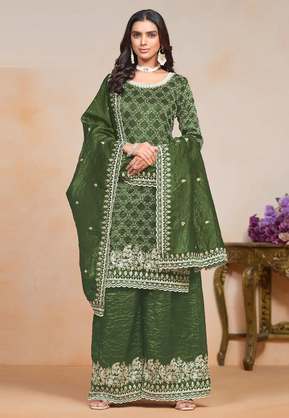 Mehndi Organza Pakistani Suit 296041