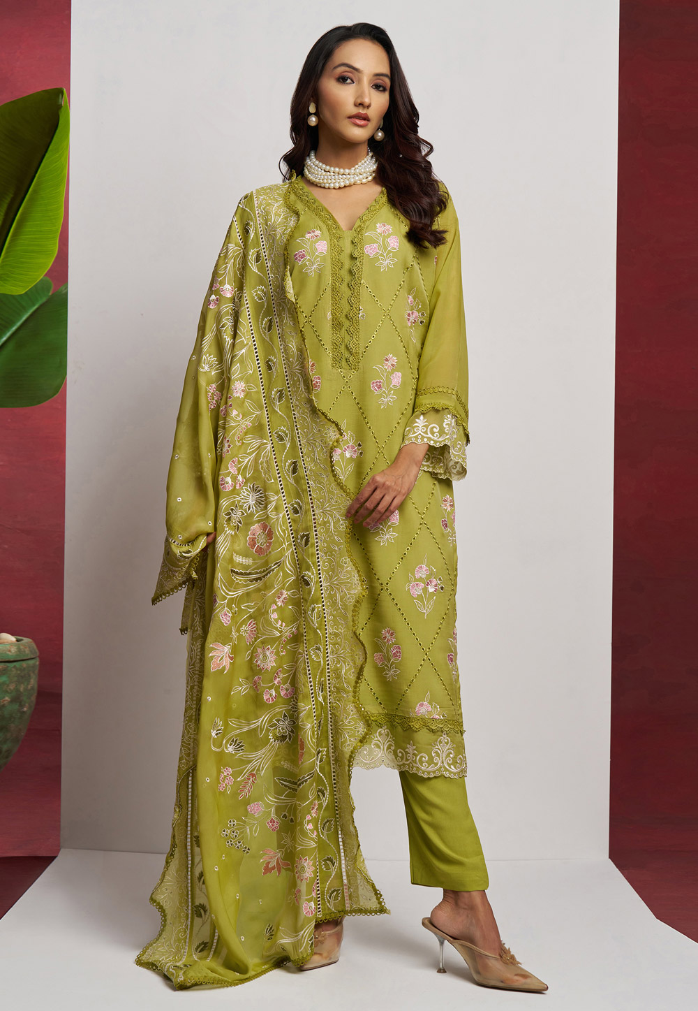 Mehndi Organza Pant Style Suit 305073