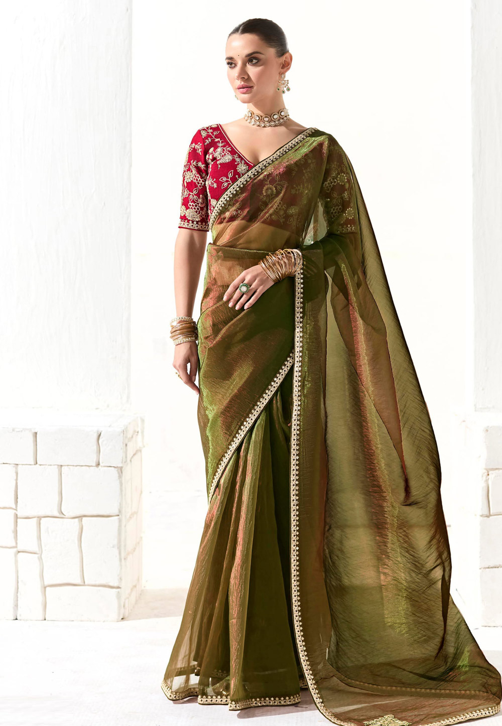Mehndi Organza Saree With Blouse 309446