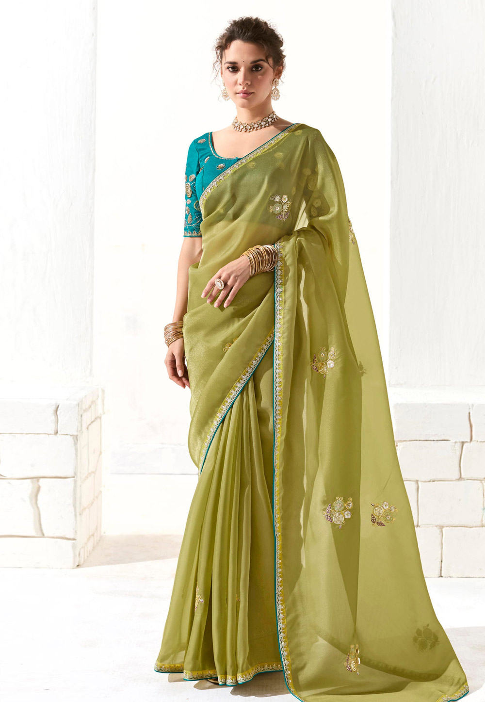 Mehndi Organza Saree With Blouse 309448