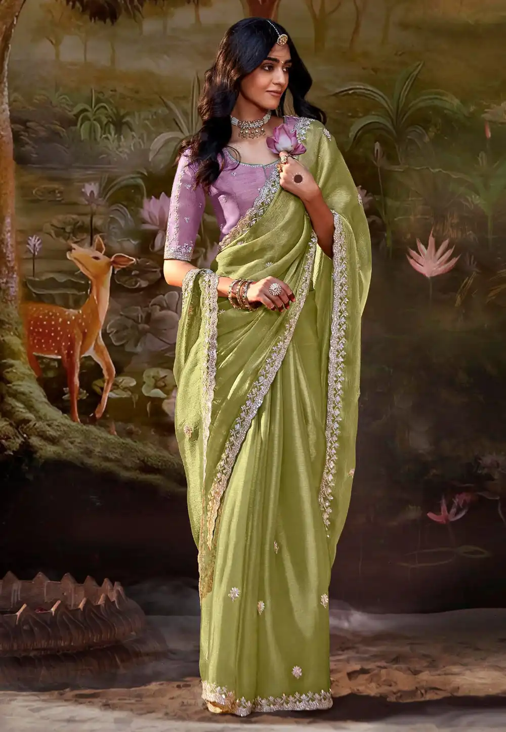 Mehndi Organza Saree With Blouse 292761