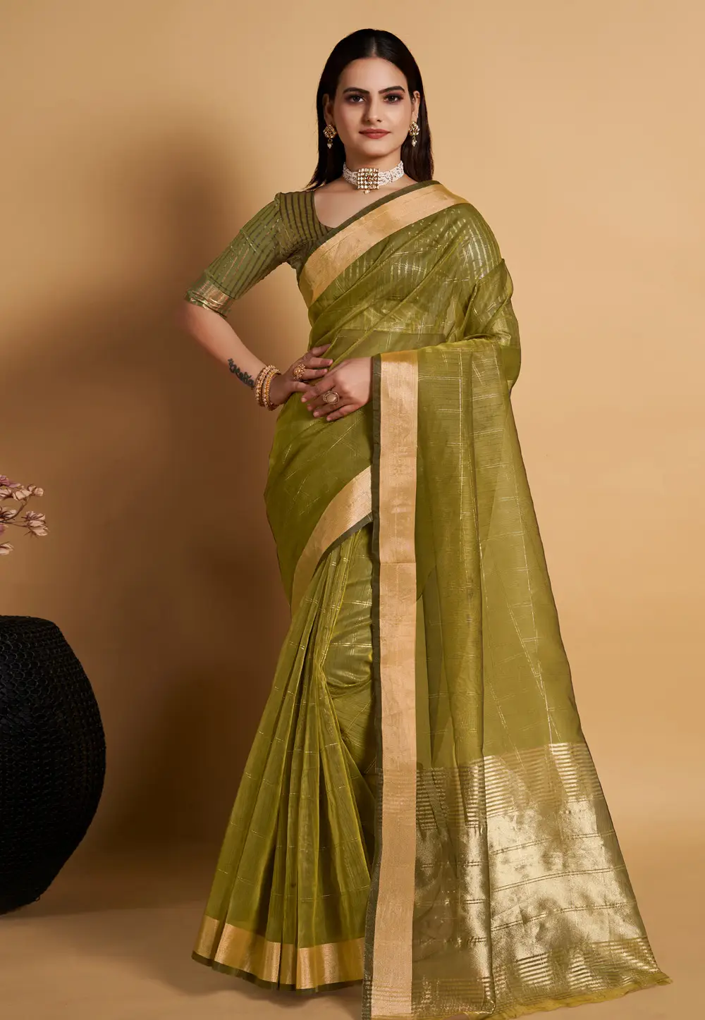 Mehndi Organza Saree With Blouse 296515