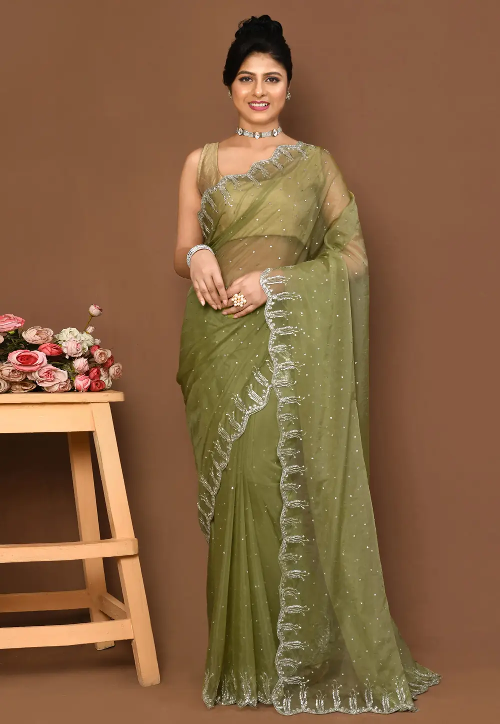 Mehndi Organza Saree With Blouse 296003