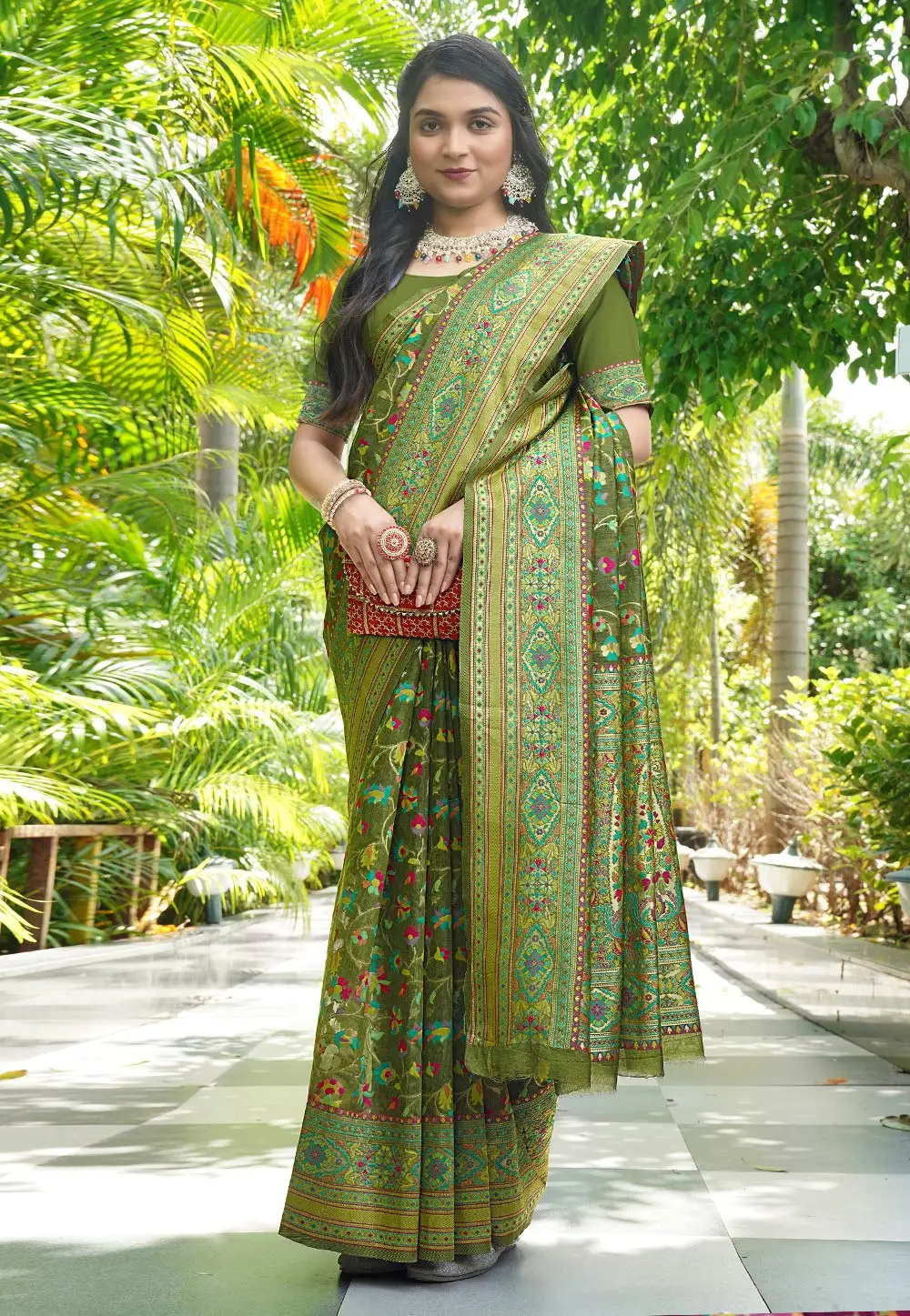 Mehndi Pashmina Saree With Blouse 296211