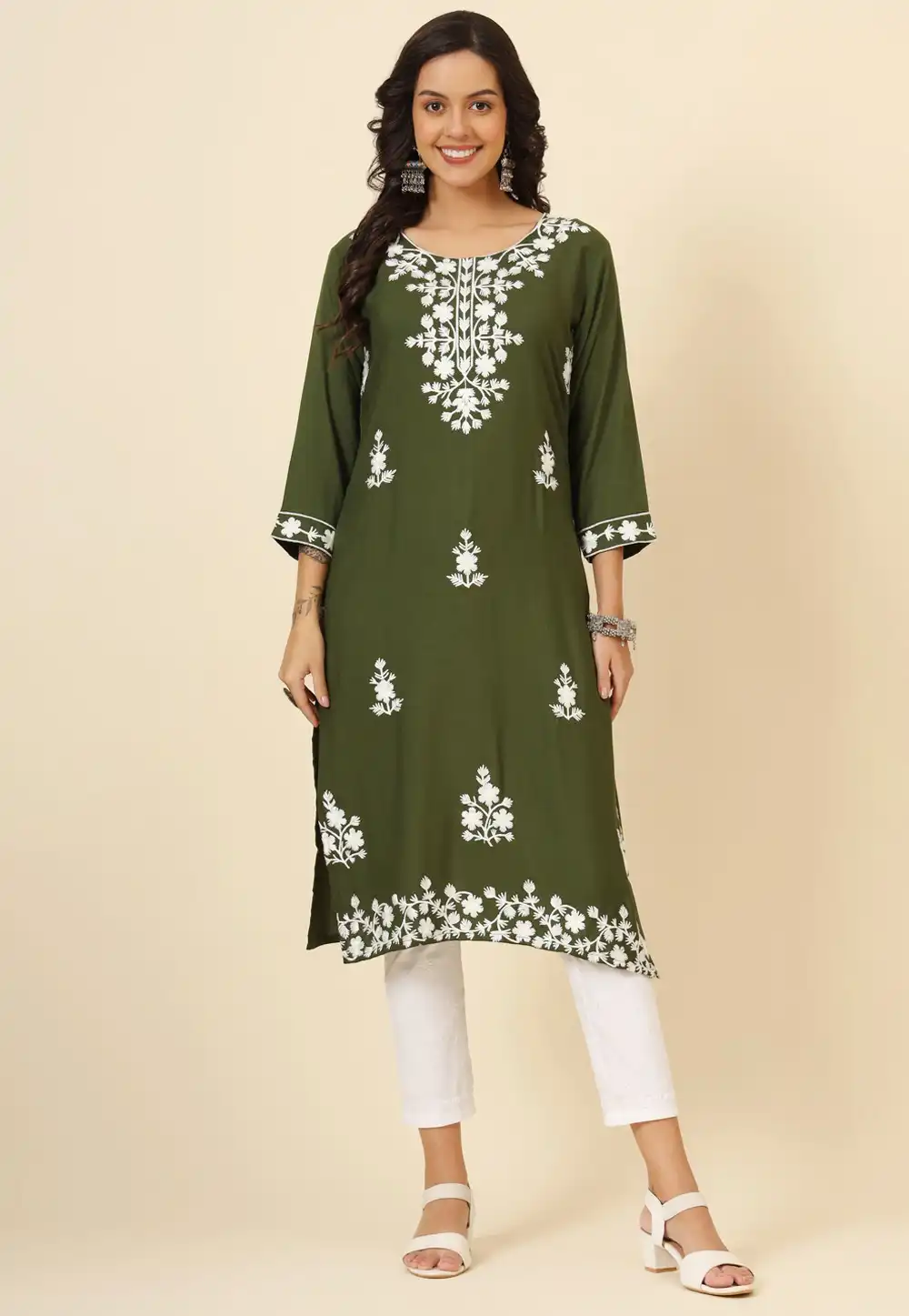 Mehndi Rayon Long Kurti 294230