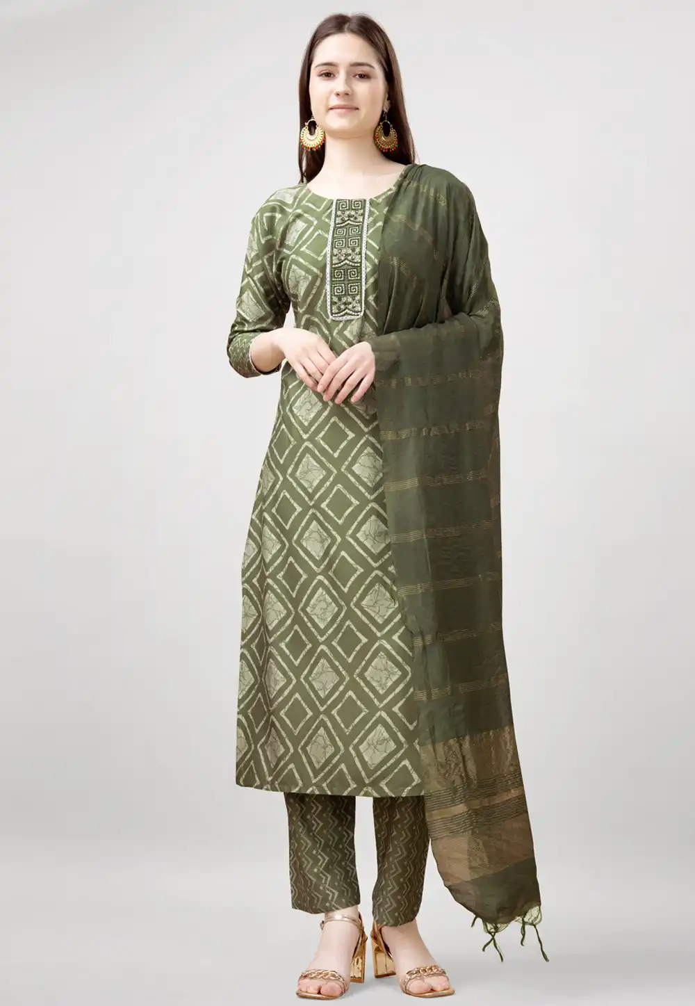 Mehndi Rayon Readymade Pant Style Suit 292459